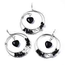 Natural Obsidian Big Pendants, Wire Wrapped Pendants, with Plamtinum Brass Wires, Rack Plating, Flat Round with Heart, 68~69x53~54x9.5mm, Hole: 4x5mm(G-Q997-001B)
