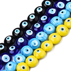 Handmade Evil Eye Lampwork Beads Strands, Flat Round, Mixed Color, 14~16x16~17x8.5~9mm, Hole: 1mm, about 25pcs/strand, 14.96 inch(38cm)(LAMP-N029-009)