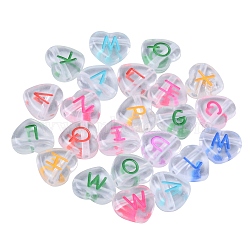 Transparent Acrylic Beads, Heart with Random Letters, Mixed Color, 10.5x11.5x4mm, Hole: 1.8mm, about 500pcs/200g(MACR-SZ0001-32)