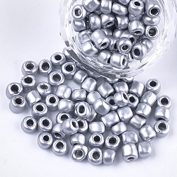 Plated Glass Seed Beads, Metallic Colours, Round, Silver, 5~6x3~5mm, Hole: 1.2~2mm, about 2500pcs/bag(SEED-Q025-5mm-B09)