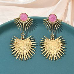 Sun 304 Stainless Steel Enamel Dangle Stud Earrings, Ion Plating(IP), Long-Lasting Plated, Real 18K Gold Plated, Pearl Pink, 54.5x29mm(EJEW-B156-04G)