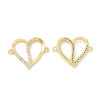 Brass Micro Pave Clear Cubic Zirconia Connector Charms, Heart Links, Real 18K Gold Plated, 17.5x22x3mm, Hole: 1.4mm