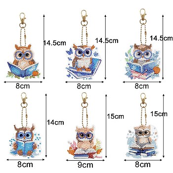 DIY Diamond Painting Pendant Decoration Kits, with Resin Rhinestones, Diamond Sticky Pen, Tray Plate and Glue Clay, Owl, 140~150x80~90mm, 6pcs/set