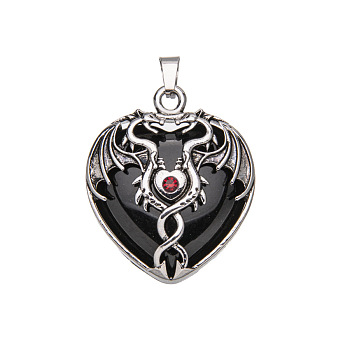 Natural Obsidian Pendants, with Zinc Alloy Findings, Heart with Dragon, 32x31mm