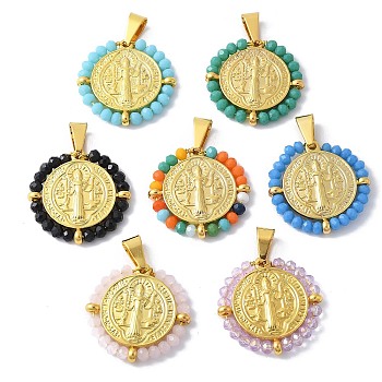 304 Stainless Steel Pendants, with Glass Beads, Ion Plating(IP), Flat Round with Sage, Real 18K Gold Plated, Mixed Color, 27.5x28x3.5mm, Hole: 8x4mm