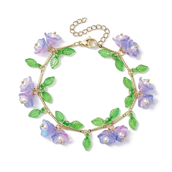 Flower Glass & Acrylic Charm Bracelets, Brass Bar Link Chain Bracelets for Women, Lilac, 7-1/8 inch(18cm)
