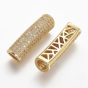 Brass Micro Pave Cubic Zirconia Tube Beads, Tube, Large Hole Beads, Hollow, Clear, Golden, 30x8.5x8mm, Hole: 5mm