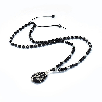Natural Obsidian Pendant Necklaces, with Brass Findings, Teardrop with Tree, 23.62 inch(60cm)