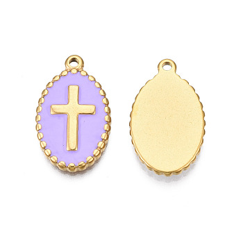 304 Stainless Steel Enamel Pendants, Real 18K Gold Plated, Oval with Cross, Lilac, 23x14x2mm, Hole: 1.6mm