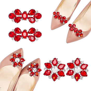 4Pcs 2 Style Flower Glass Rhinestone Shoe Decoration, Detachable Iron Shoe Buckle Clips, Ruby, 31~52x49~71x12~14mm, 2pcs/style