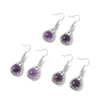 Natural Amethyst Teardrop Dangle Earrings with Crystal Rhinestone, Platinum Brass Jewelry for Women, 42mm, Pin: 0.6mm