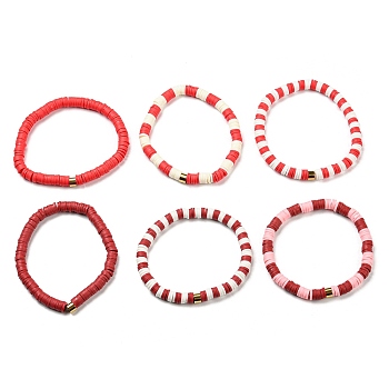 Handmade Polymer Clay Heishi Beads Stretch Bracelets Sets, with Golden Plated Stainless Steel Spacer Beads, Red, Inner Diameter: 2 inch(5.2cm), 6pcs/set