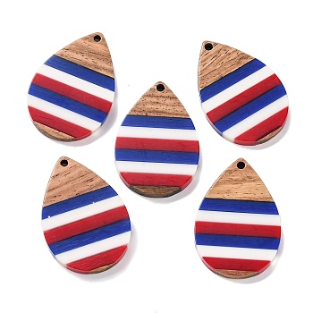 Independence Day Opaque Striped Resin & Walnut Wood Pendants, Geometric Charms, Teardrop, 36x24.8x3.7mm, Hole: 2mm