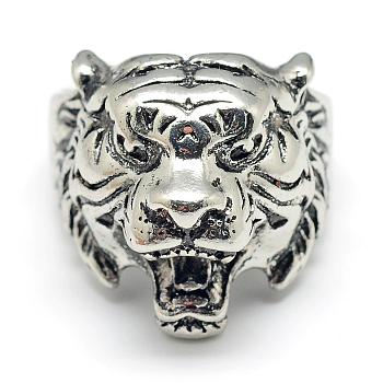 Alloy Finger Rings, Tiger, Size 9, Antique Silver, 19mm