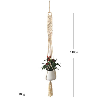 Bohemian Handmade Woven Cotton Hanging Planter with Tassels Tapestry, for Bedroom Home Wall Decor, Beige, 1100mm