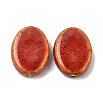 Vintage Handmade Porcelain Beads, Oval, FireBrick, 21x16x7mm, Hole: 2mm