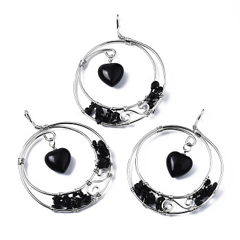 Natural Obsidian Big Pendants, Wire Wrapped Pendants, with Plamtinum Brass Wires, Rack Plating, Flat Round with Heart, 68~69x53~54x9.5mm, Hole: 4x5mm