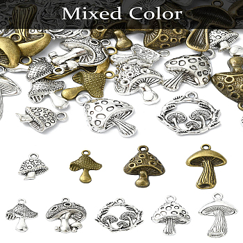 60Pcs 15 Styles Tibetan Style Alloy Pendants, Mushroom, Mixed Color, 15.5~29.4x11.5~21x1.5~6mm, Hole: 1.5~2.2mm, 4pcs/style