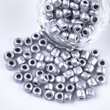Plated Glass Seed Beads, Metallic Colours, Round, Silver, 5~6x3~5mm, Hole: 1.2~2mm, about 2500pcs/bag