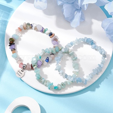 3pcs 3 ensembles de bracelets extensibles en aigue-marine naturelle et en amazonite fleurie(BJEW-JB11076-01)-2