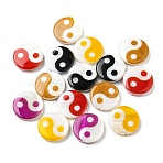 Printed Natural Freshwater Shell Beads, Yin Yang Flat Round Beads, Mixed Color, 15x3~3.5mm, Hole: 0.7mm(SHEL-R129-07C)