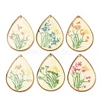 Brass & Transparent Epoxy Resin & Dried Flower Pendants, Teardrop with Flower & Butterfly Pattern Charms, with Glitter Powder, Mixed Color, 35x25.5x3.5mm, Hole: 0.9mm(RESI-G133-02G)