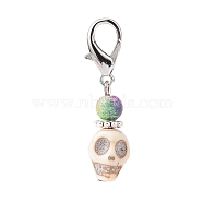 Halloween Synthetic Magnesite Skull Pendants Decorations, with Spray Painted Acrylic Beads, Lobster Clasp Charms, for Keychain, Purse, Backpack Ornament, Floral White, 37mm, Skull: 12x12x9mm(HJEW-JM00818)