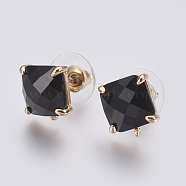 Faceted Glass Stud Earring Findings, with Loop, Light Gold Plated Brass Findings, Square, Black, 11x10x5mm, Hole: 1mm, Pin: 0.8mm(X-GLAA-F084-C09)