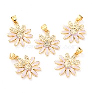 Real 18K Gold Plated Brass Micro Pave Cubic Zirconia Pendants, with Enamel, Long-Lasting Plated, Flower, Lilac, 22.5x19.5x3.5mm, Hole: 3.5x4mm(ZIRC-L100-087G-07)
