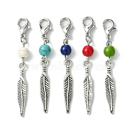 Alloy Feather Pendant Decorations, with Dyed Synthetic Turquoise Beads and Alloy Lobster Claw Clasps, Mixed Color, 53mm(HJEW-JM01379-02)