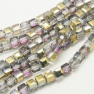 Electroplate Glass Beads Strands, Half Plated, Faceted Cube, Plum, 4x4x4mm, Hole: 1mm, about 100pcs/strand, 16.9 inch(X-EGLA-D018-4x4mm-13)