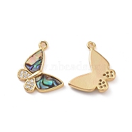 Natural Paua/Abalone Shell Pendants, Butterfly Charms, with Brass Micro Pave Clear Cubic Zirconia Findings, Real 18K Gold Plated, 13.5x17x2mm, Hole: 1.2mm(KK-E068-VC109)