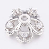 Brass Micro Pave Cubic Zirconia Bead Caps, 5-Petal, Clear, Platinum, 10x4mm, Hole: 1.4mm(ZIRC-K075-43P)