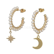 Star and Moon Asymmetrical Earrings, Alloy Stud Earrings, Shell Pearl Beaded Half Hoop Earrings, Golden, 42x10.5mm(EJEW-TA00307)