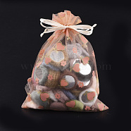 Printed Organza Bags, Gift Bags, with Glitter Powder, Rectangle with Heart, Light Salmon, 19~20.5x13.5~14cm(OP-S010-01B)