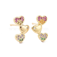 Colorful Rhinestone Triple Heart Stud Earrings, Brass Jewelry for Women, Cadmium Free & Lead Free, Real 18K Gold Plated, 8x12.5mm, Pin: 1mm(EJEW-M209-10G-A)
