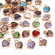 Glass Charms, with Light Gold Tone Brass Findings, Long-Lasting Plated, Faceted, Heart, Mixed Color, 9x6.5x3mm, Hole: 1.6mm(GLAA-Q088-031)