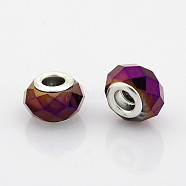 Faceted Glass European Beads, Large Hole Rondelle Beads, with Silver Color Plated Brass Cores, Full Purple Plated, 14x9mm, Hole: 5mm(GPDL-J026-FP01)