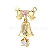 Brass Pendants, with Glass Rhinestone, Christmas Bell Charm, Real 18K Gold Plated, 28x15x11mm, Hole: 1.4mm(KK-H455-15G)