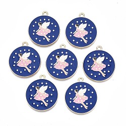 Rack Plating Alloy Enamel Pendants, Cadmium Free & Nickel Free & Lead Free, Light Gold, Flat Round with Elves, Dark Blue, 30.5x27x1.5mm, Hole: 2mm(ENAM-N055-081)