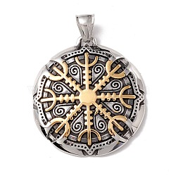 304 Stainless Steel Pendants, Ion Plating(IP), Flat Round, Antique Silver & Golden, 42x38x6mm, Hole: 8.5x4mm(STAS-M299-30AS)