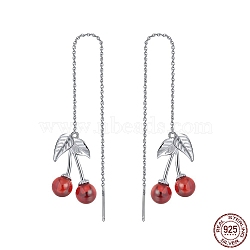 Rhodium Plated 925 Sterling Silver Stud Earrings, Cherry Natural Garnet Ear Thread for Women, Real Platinum Plated, 130mm(EJEW-P231-43P)