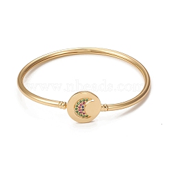 Rack Plating Brass Micro Pave Cubic Zirconia Bangles, Real 18K Gold Plated Flat Round with Moon Clasp Bangles, Long-Lasting Plated, Cadmium Free & Lead Free, Colorful, Inner Diameter: 2-1/4 inch(5.6cm)(BJEW-E071-19G-01)