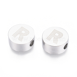 304 Stainless Steel Beads, Flat Round with Letter, Letter.R, 10x4.5mm, Hole: 2mm(STAS-I126-02P-R)