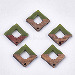 Resin & Walnut Wood Links connectors, Rhombus, Olive Drab, 27.5x27.5x3~3.5mm, Hole: 2mm(RESI-S367-15C)