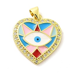 Real 18K Gold Plated Brass Clear Cubic Zirconia Pendants, with Enamel, Heart with Evil Eye, Colorful, 21x19.5x2.5mm, Hole: 5x3.5mm(KK-A198-15G)