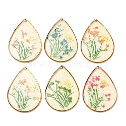 Brass & Transparent Epoxy Resin & Dried Flower Pendants, Teardrop with Flower & Butterfly Pattern Charms, with Glitter Powder, Mixed Color, 35x25.5x3.5mm, Hole: 0.9mm(RESI-G133-02G)