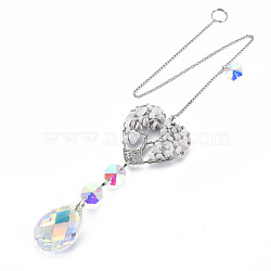 Natural Gemstone Big Pendants, with Platinum Brass Chain Extender and Findings, Plating Glass Teardrop & Flower, Clear AB Color, Heart with Tree of Life, 130mm, Hole: 4mm(G-N333-008F)
