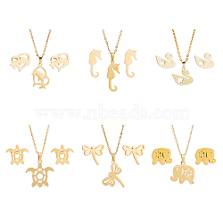 FIBLOOM 6 Sets 6 Styles Stainless Steel Animal Pendant Necklace & Stud Earrings, Jewelry Set, Dragonfly & Elephant & Sea Horse & Swan & Dolphin & Turtle, Golden, 17.7 inch(45cm), 7~9x10mm, 1 Set/style(SJEW-FI0001-17)