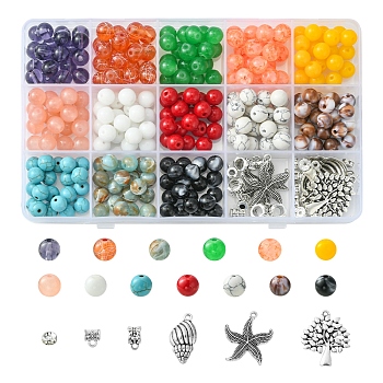 DIY Jewelry Making Finding Kit, Including Round Glass & Synthetic Howlite & Acrylic & Rhinestone Beads, Tree & Starfish & Shell Alloy Pendants & Tube Bails, Mixed Color, 296Pcs/box